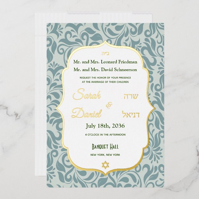 Invitación Con Relieve Metalizado Serenit Blue Brocade Flourier Boda Gold (Sobre)