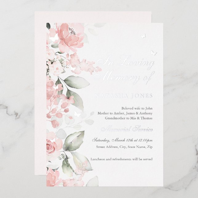 Invitación Con Relieve Metalizado Servicio conmemorativo de mariposa floral de plata (Anverso/Reverso)