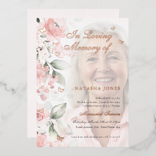 Invitación Con Relieve Metalizado Servicio conmemorativo de mariposa floral rosa fot