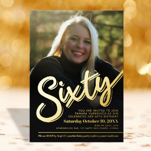 Invitación Con Relieve Metalizado Sesenta cumpleaños 60º script personalizado foto o