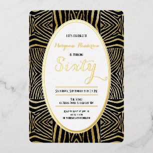 Invitación Con Relieve Metalizado Sesenta elegante cumpleaños Zebra negro Oro