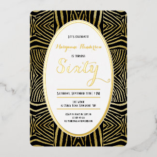 Invitación Con Relieve Metalizado Sesenta elegante cumpleaños Zebra negro Oro