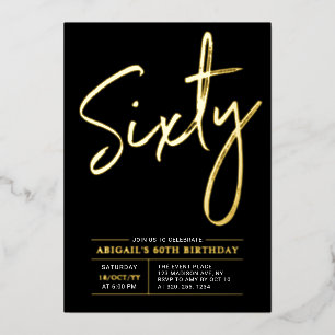 Invitación Con Relieve Metalizado Sesenta Fiesta de cumpleaños moderna dorada y ne