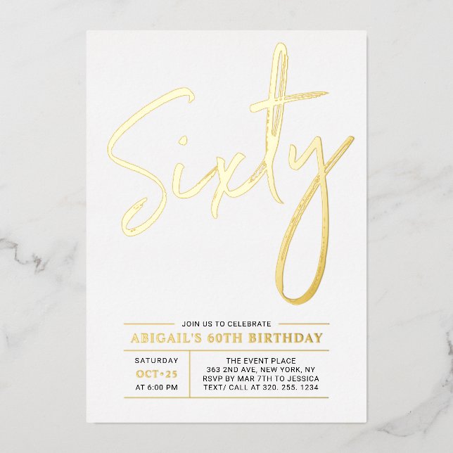 Invitación Con Relieve Metalizado Sesenta | Modern Gold 60th Birthday Party (Anverso)