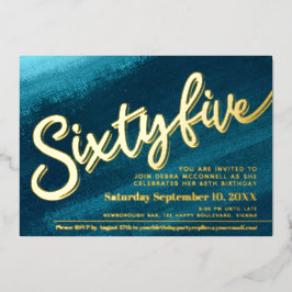 Invitación Con Relieve Metalizado Sesenta y cinco 65º cumpleaños aqua foto de oro ve