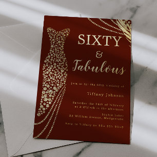 Invitación Con Relieve Metalizado Sesenta y fabuloso burgundy y dorado cumpleaños 60