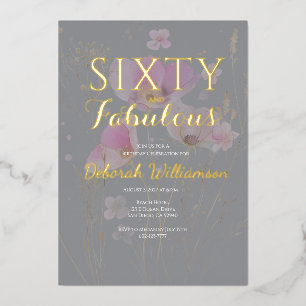 Invitación Con Relieve Metalizado Sesenta y Fabuloso Floral Rosa Fiesta de Cumpleaño