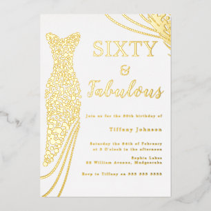 Invitación Con Relieve Metalizado Sesenta y fabuloso! Vestido de papel de aluminio d