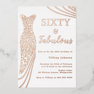 Invitación Con Relieve Metalizado Sesenta y fabuloso! Vestido dorado rosa Cumpleaños