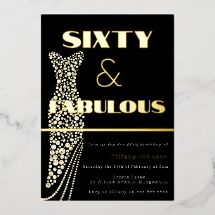 Invitación Con Relieve Metalizado Sesenta y Fabuloso Vestido Vintage de Oro Cumpleañ