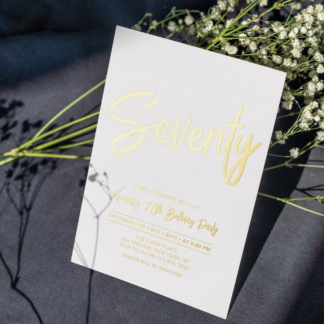 Invitación Con Relieve Metalizado Setenta | Chic Foil Script Cumpleaños 70 (Subido por el creador)