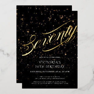 Invitación Con Relieve Metalizado Setenta Confeti Negro Oro Elegante Cumpleaños 70