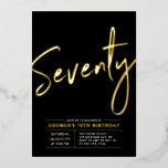 Invitación Con Relieve Metalizado Setenta | Modern Gold & Black 70th Birthday Party<br><div class="desc">Celebra tu día especial con esta elegante invitación al Relieve metalizado de cumpleaños número 70. Este diseño presenta un Relieve metalizado de moda dorado "Setenta" sobre un fondo negro. Puedes elegir el color real del sello de Relieve metalizado (oro, plata, oro Rosa). Hay más diseños y suministros de fiesta disponibles...</div>