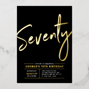 Invitación Con Relieve Metalizado Setenta   Moderno Cumpleaños 70 en Oro y Negro