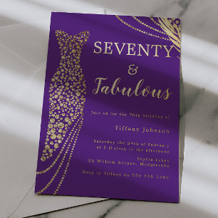 Invitación Con Relieve Metalizado Setenta y Fabuloso Cumpleaños 70 Morado y Dorado 