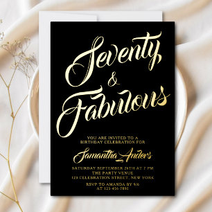 Invitación Con Relieve Metalizado Setenta y Fabuloso Script Cumpleaños Negro Oro
