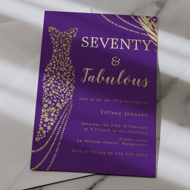 Invitación Con Relieve Metalizado Seventy & Fabulous Purple & Gold 70th Birthday  (Subido por el creador)