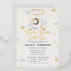 Invitación Con Relieve Metalizado Sexo Neutral Twinkle Little Star Baby Shower