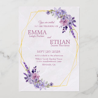 Invitación Con Relieve Metalizado Shades of Dusty Purple Blooms Geometric Wedding 