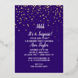 Invitación Con Relieve Metalizado Shhh es un confetti sorpresa en oro Fiesta morado