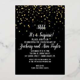 Invitación Con Relieve Metalizado Shhh es una sorpresa confeti en negro fiesta oro