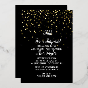 Invitación Con Relieve Metalizado Shhh Es una Sorpresa Confeti Oro de Fiesta Negro