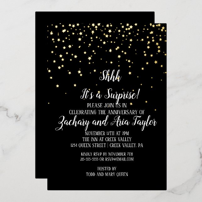 Invitación Con Relieve Metalizado Shhh Es una Sorpresa Confeti sobre Negro Fiesta de (Anverso/Reverso)