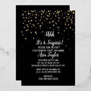 Invitación Con Relieve Metalizado Shhh es una sorpresa Confetti Oro Fiesta negro