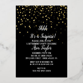 Invitación Con Relieve Metalizado Shhh es una sorpresa Confetti|Oro Fiesta negro