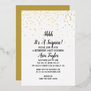 Invitación Con Relieve Metalizado Shhh es una sorpresa el oro de la jubilación de Co