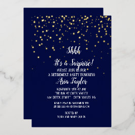 Invitación Con Relieve Metalizado Shhh es una sorpresa en el oro azul de la marina