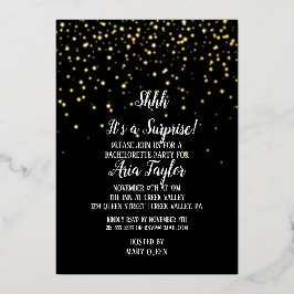 Invitación Con Relieve Metalizado Shhh es una sorpresa en el oro del Fiesta negro