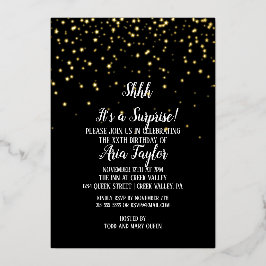 Invitación Con Relieve Metalizado Shhh es una sorpresa en el oro del Fiesta negro