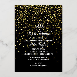 Invitación Con Relieve Metalizado Shhh Sorprende Confetti sobre el oro negro de grad