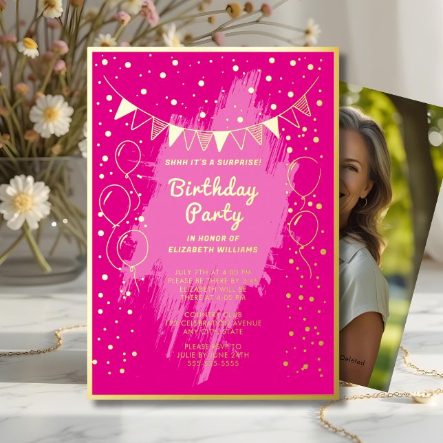 Invitación Con Relieve Metalizado Shhhh Sorprende fiesta de cumpleaños Hot Pink Gold (Subido por el creador)