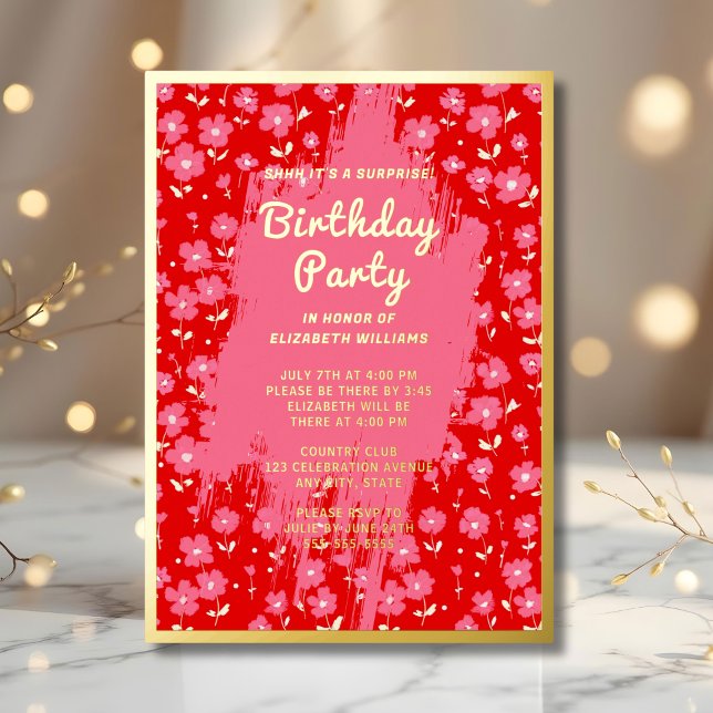 Invitación Con Relieve Metalizado Shhhh Sorprende fiesta de cumpleaños preppy Floral (Subido por el creador)