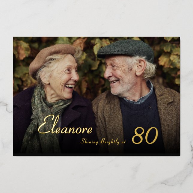 Invitación Con Relieve Metalizado Shining Bright Female 80th Photo Birthday (Anverso)