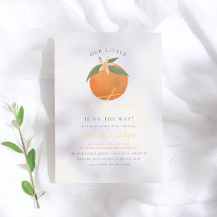 Invitación Con Relieve Metalizado Shiny Little Cutie Naranja Blossom Baby Shower
