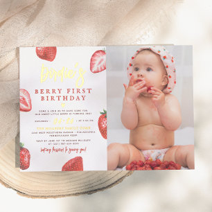 Invitación Con Relieve Metalizado Shiny Strawberry Chica foto primera fiesta de cump