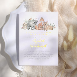 Invitación Con Relieve Metalizado Shiny Woodland Forest Animals Vintage Baby Shower
