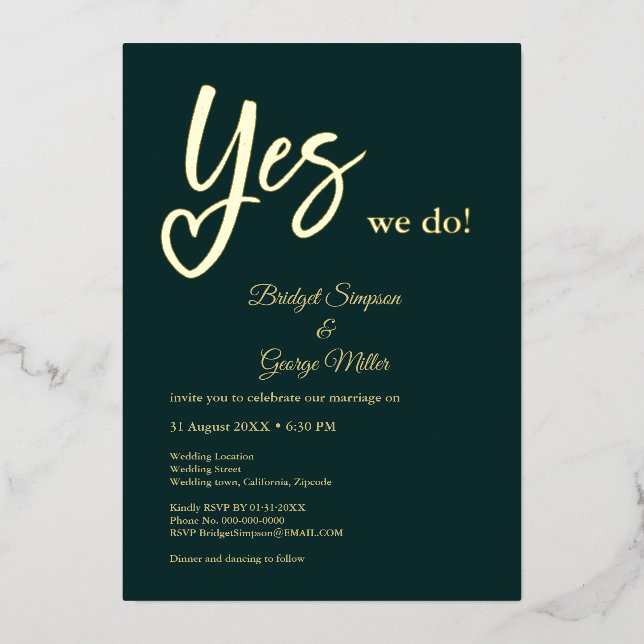 Invitación Con Relieve Metalizado Sí, hacemos boda de oro negro (Anverso)