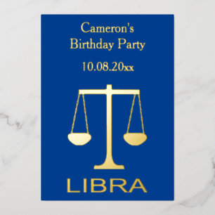 Invitación Con Relieve Metalizado Signo de estrella de balanzas de oro de Libra Cump