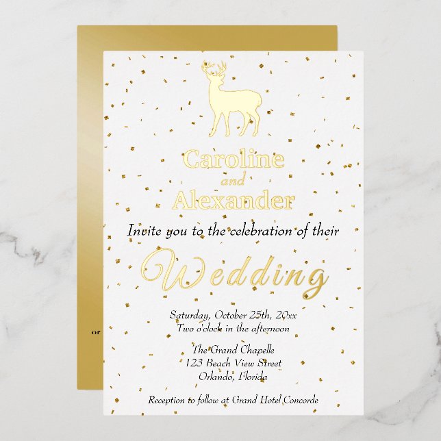 Invitación Con Relieve Metalizado Silhouette Deer Buck y Confetti de oro Purpurinoso (Anverso/Reverso)