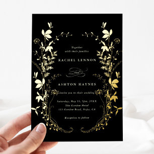 Invitación Con Relieve Metalizado Silhouette Wreath Black Boda Gold