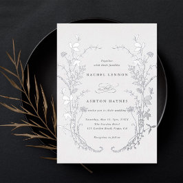 Invitación Con Relieve Metalizado Silhouette Wreath Boda Silver
