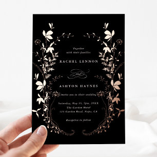 Invitación Con Relieve Metalizado Silueta de flores silvestres boda de oro rosa negr