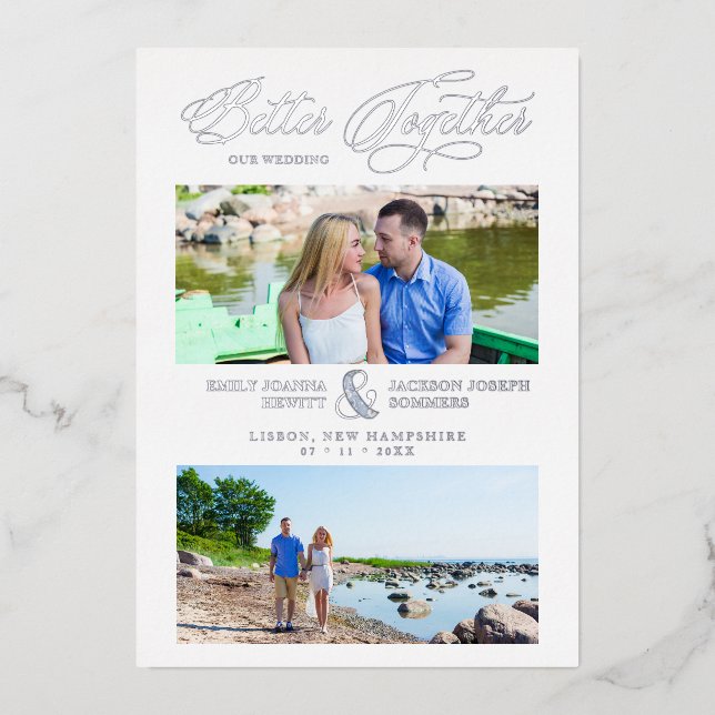 Invitación Con Relieve Metalizado Silver Better Together Quote 2 Photos Wedding (Anverso)