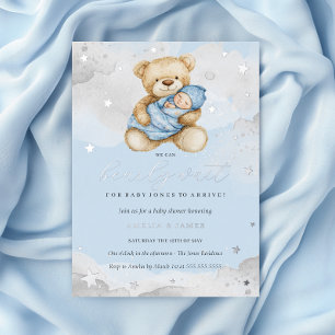 Invitación Con Relieve Metalizado Silver Blue Podemos Esperar Baby Shower