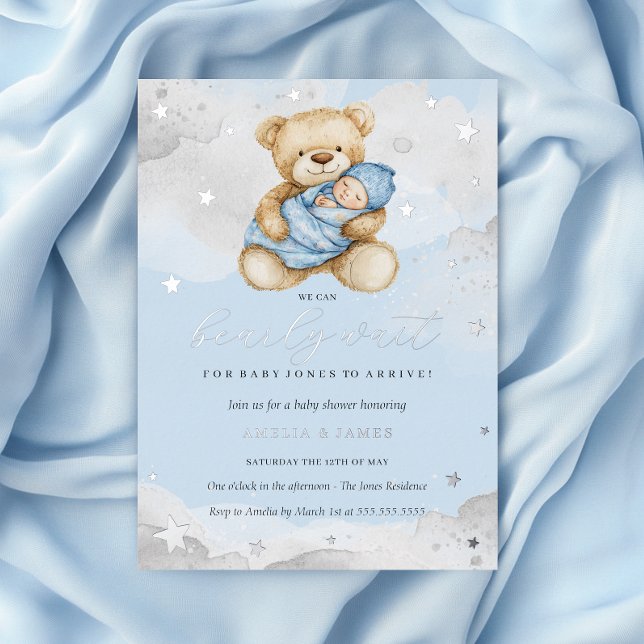 Invitación Con Relieve Metalizado Silver Blue Podemos Esperar Baby Shower (Subido por el creador)