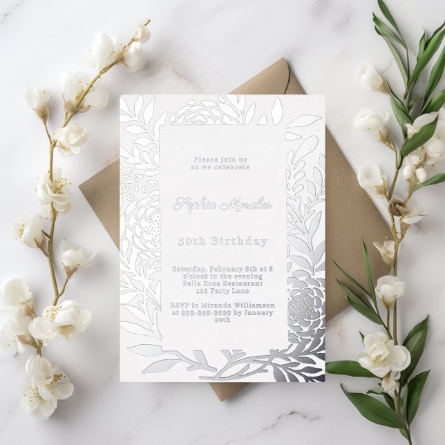 Invitación Con Relieve Metalizado Silver botanical luxury winter birthday (Subido por el creador)
